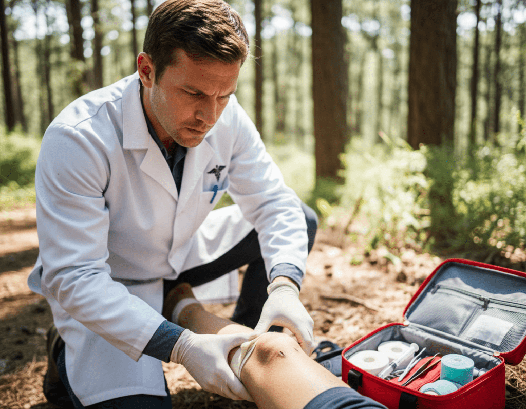 A medical professional in a crisp white coat is kneeling beside a victim suffering from a snake bite, highlighting the urgent need for immediate care. The foreground captures the concerned face of the medical expert, focused and attentive, as they assess the situation. The middle ground depicts the victim's leg with noticeable swelling, showcasing the bite marks, while a first aid kit is open nearby with essential medical supplies. In the background, a blurred natural landscape suggests an outdoor scenario, maybe a forest or hiking trail. The lighting is bright, emphasizing the urgency of the moment, with a slight lens focus on the medical professional's expression. The mood is tense but resolute, underscoring the importance of quick action in emergencies.