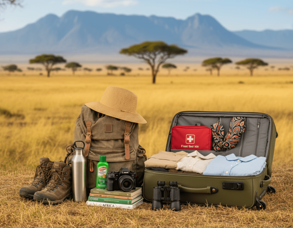 A neatly organized travel packing list for an African adventure, prominently displayed in the foreground. Items like a durable backpack, lightweight hiking boots, a water bottle, binoculars, a camera, travel guides, and a sun hat are carefully arranged. In the middle ground, an open suitcase showcases additional essentials like a first aid kit, insect repellent, and clothing appropriate for various climates. In the background, a soft-focus image of a beautiful African landscape—savannahs, acacia trees, and distant mountains under a clear blue sky—adds context and warmth. The scene is illuminated with bright, natural sunlight, evoking a sense of excitement and readiness for adventure. The overall mood is vibrant and inspiring, inviting viewers to dream about their own African journey.
