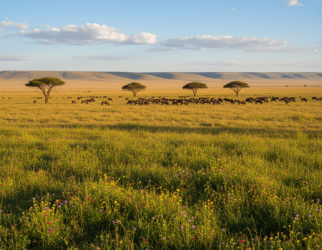 A panoramic view of the Serengeti, capturing the distinct climate zones across the landscape. In the foreground, lush green grasses and colorful wildflowers flourish, indicative of the rainy season. The middle ground features scattered acacia trees and a herd of wildebeests grazing, casting long shadows in the warm afternoon light. In the background, rolling savannah hills transition into arid plains under a bright blue sky dotted with fluffy white clouds, symbolizing the transition to the dry season. Soft, golden sunlight bathes the scene, highlighting the vibrant colors and textures of the ecosystem. The atmosphere is serene and tranquil, embodying the beauty and diversity of weather conditions found in the Serengeti throughout the year. Capture this vivid natural tapestry with a wide-angle lens perspective.