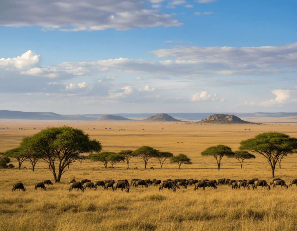 A panoramic view of the Serengeti region showcasing its diverse landscapes. In the foreground, vivid green acacia trees dot the golden grasslands, with a herd of wildebeests grazing peacefully. Moving to the middle ground, a sweeping expanse of savannah stretches towards the horizon, where the terrain varies from flat grasslands to gently rolling hills. In the background, a stunning blue sky with fluffy white clouds dominates the scene, casting soft, diffused light over the landscape. The mood is tranquil and inspiring, evoking the beauty of nature. The composition should be captured as if taken by a wide-angle lens, highlighting the vastness and richness of the Serengeti, suitable for showcasing regional differences within this unique ecosystem.