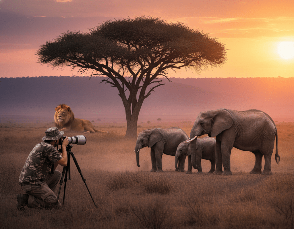 A picturesque African savannah at dusk, capturing the vibrant beauty of wildlife photography. In the foreground, a photographer kneels with a professional camera, focused intently on capturing a family of elephants, ensuring proper framing and angles. The middle ground features a silhouette of a lion resting under an acacia tree, with its golden mane catching the last light of day. The background showcases rolling hills and a colorful sunset, casting warm orange and purple hues across the sky. Soft, diffused lighting enhances the scene, creating a serene and contemplative atmosphere. The image conveys the challenges and rewards of animal photography, illustrating the importance of patience and understanding in the craft.