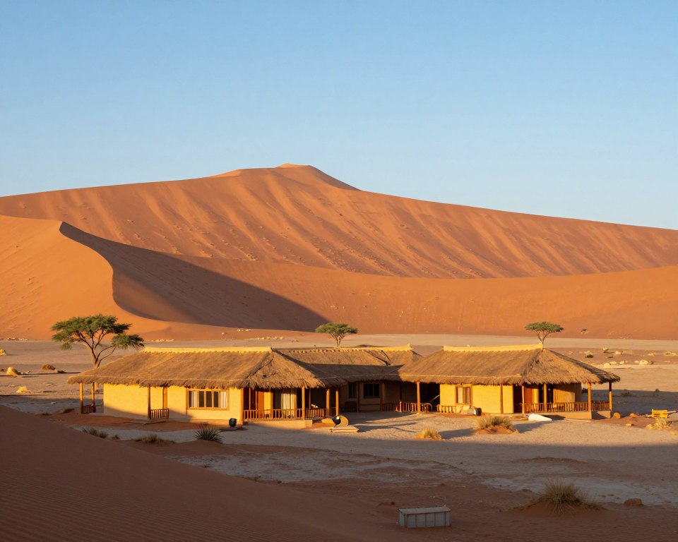 A picturesque lodge in Sossusvlei, Namibia, nestled among towering red sand dunes under a clear blue sky. In the foreground, showcase traditional African-style architecture with wooden beams and thatched roofs, surrounded by sparse desert vegetation. The middle ground features the iconic Big Daddy dune, casting long shadows in the soft golden light of late afternoon. In the background, a vast expanse of orange and red dunes stretches towards the horizon, with a few sparse acacia trees. The scene is bathed in warm, inviting sunlight, creating a tranquil and serene atmosphere perfect for relaxation after a day of exploring. Capture the image from a low angle to emphasize the height of the dunes and the beauty of the lodge.