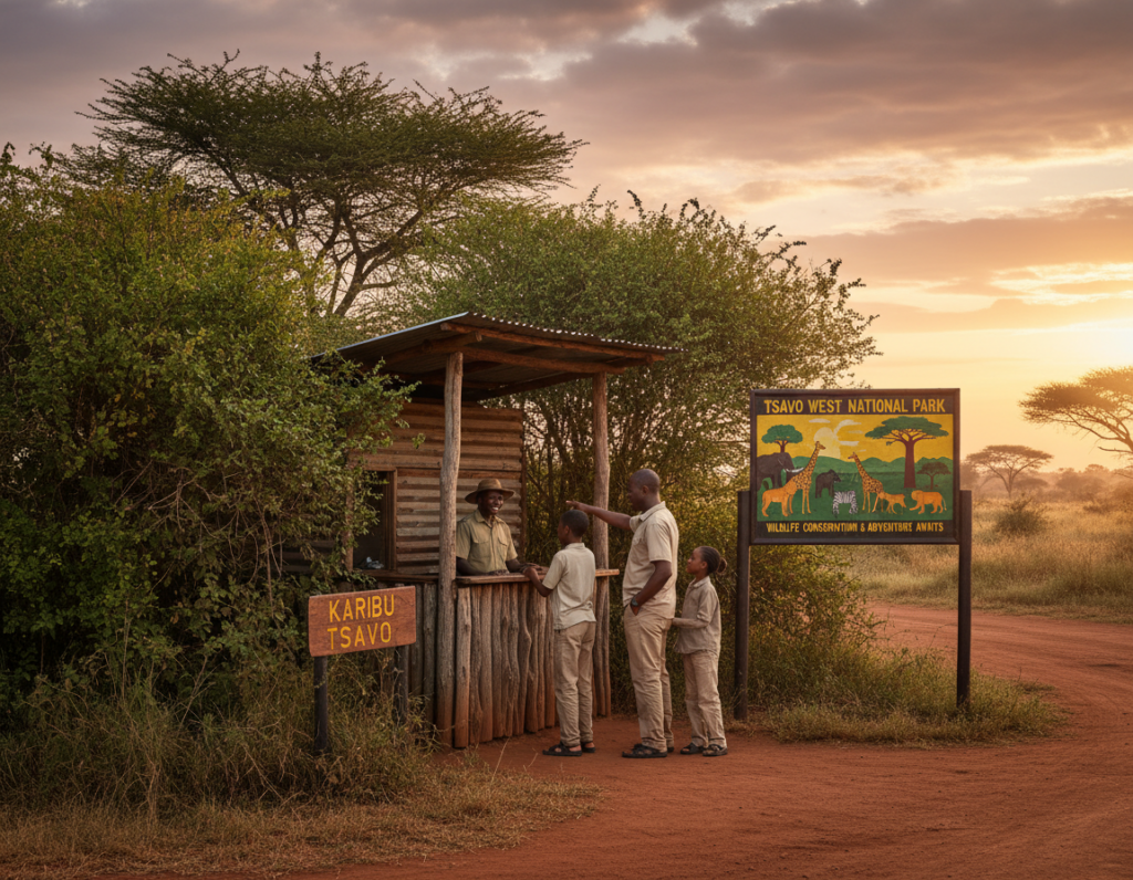 A picturesque scene depicting the entrance to Tsavo West National Park in Kenya, showcasing a welcoming ticket booth surrounded by lush greenery and acacia trees. In the foreground, a family dressed in modest casual clothing is seen discussing entry options with an official behind the counter. The middle ground features an information board displaying colorful illustrations of wildlife and park attractions. In the background, a stunning view of the savannah stretches out, bathed in warm golden light during the early morning. Soft rays illuminate the horizon, enhancing the natural beauty of the setting. The mood is inviting and adventurous, perfect for travelers planning their visit. Capture the essence of exploration and wildlife conservation in a serene and inspiring atmosphere.