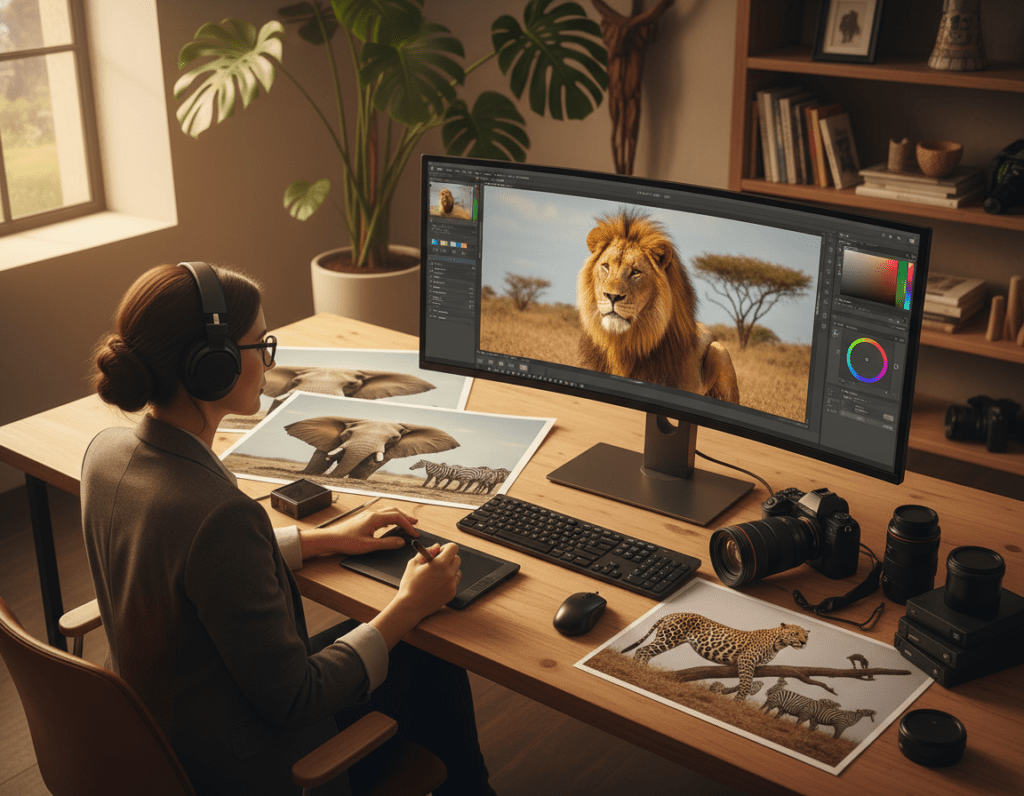 A professional photographer sitting at a modern workstation, focused on editing stunning wildlife images captured during a safari in Africa. In the foreground, the computer screen displays a vivid lion photograph, with software tools visible for color correction and enhancement. The middle layer features an array of beautiful safari photos spread across the desk, alongside a camera and editing tools. The background reveals a calming workspace with soft natural light filtering through a window, highlighting a verdant plant. The mood is one of creativity and inspiration, with warm tones creating an inviting atmosphere. Use a high-angle shot to capture the details effectively, emphasizing the workflow of post-processing while ensuring everything reflects professionalism and artistry.