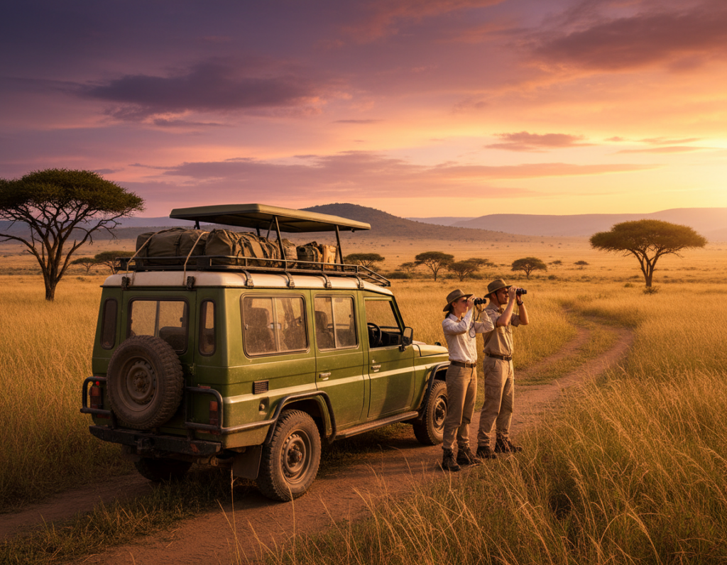A rugged Safari Geländewagen parked on a dusty Tanzanian savanna, surrounded by tall golden grasses and acacia trees. In the foreground, the vehicle features a metallic green exterior and a roof rack loaded with safari gear, emphasizing adventure. The middle ground captures a couple in professional safari attire, observing the landscape through binoculars, bringing life to the scene. In the background, the vast savanna stretches toward distant hills under a vibrant sunset sky, with warm oranges and purples illuminating the clouds. The atmosphere is tranquil yet adventurous, invoking the excitement of exploring Tanzania's wild beauty. The image should have warm, natural lighting, evoking an early evening feel, captured with a slightly wide-angle lens for depth and immersion.