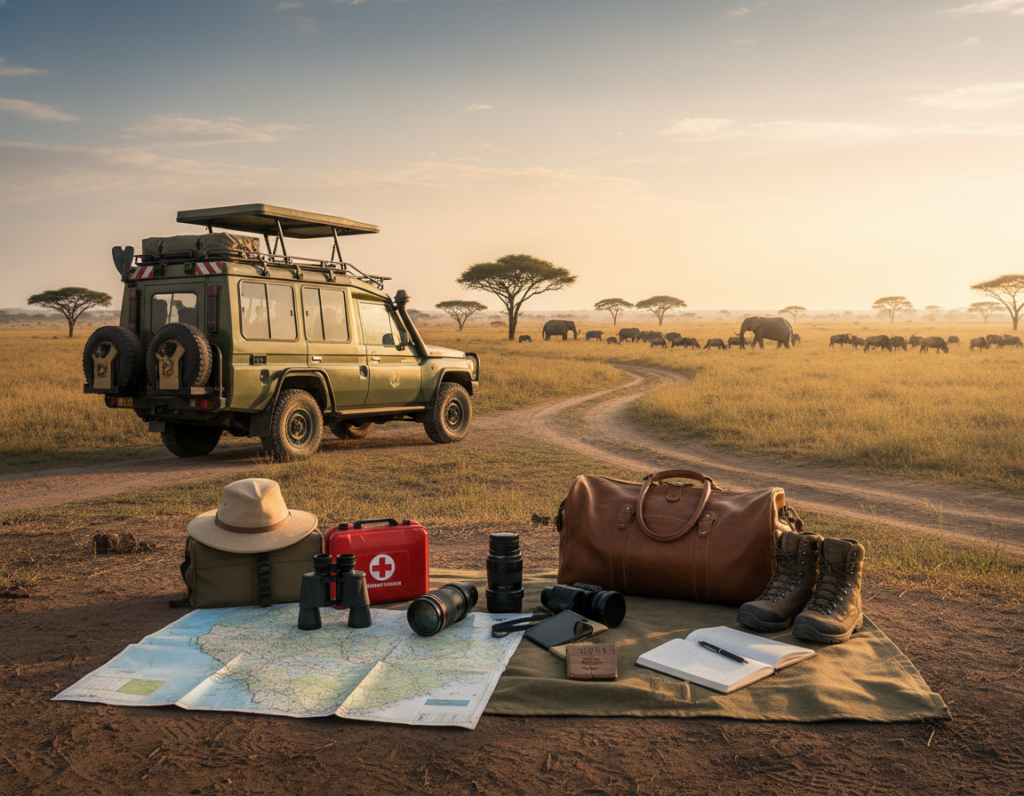 A scenic landscape showcasing the essence of a self-drive safari in Tanzania, featuring a well-equipped 4x4 vehicle parked on a dirt path surrounded by lush, vibrant savanna grasslands. In the foreground, include a detailed packing list laid out neatly, with items like binoculars, a map, a first-aid kit, and safari gear, creating a sense of preparation. The midground captures acacia trees and distant wildlife, such as elephants or wildebeest, under a clear blue sky. The light is warm and golden, suggesting early morning or late afternoon, creating a tranquil and adventurous atmosphere. The composition should focus on the theme of adventure and readiness, emphasizing the importance of preparation for a memorable safari experience.
