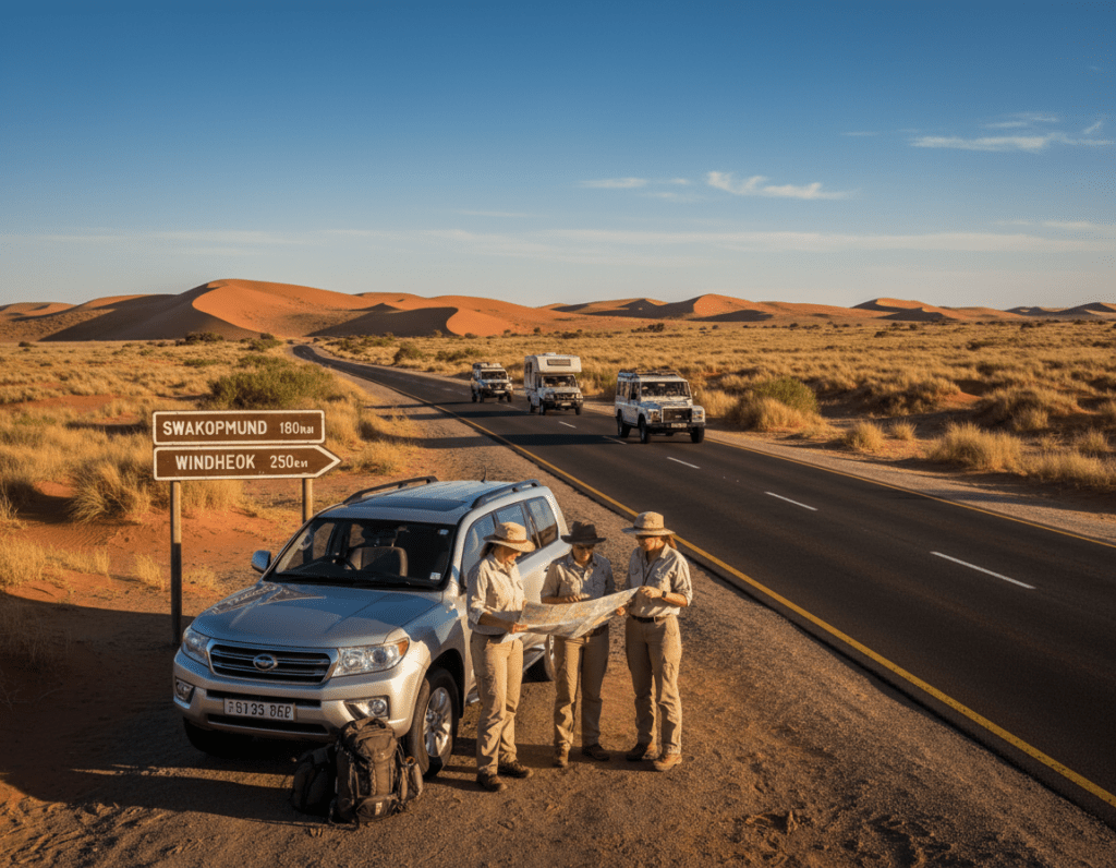 A scenic view of African road infrastructure, featuring a well-maintained highway winding through the Namibian desert landscape. In the foreground, a modern vehicle is parked beside a road sign pointing to various destinations. The middle ground highlights a diverse group of travelers in modest, casual clothing, analyzing maps and discussing their journey. The background showcases stunning orange dunes under a vast, clear blue sky, with sparse vegetation dotting the landscape. Warm, golden-hour lighting casts long shadows and brings out the rich tones of the earth. The image conveys a sense of adventure, exploration, and comfort in travel, emphasizing the appeal of infrastructure for tourists in this region.