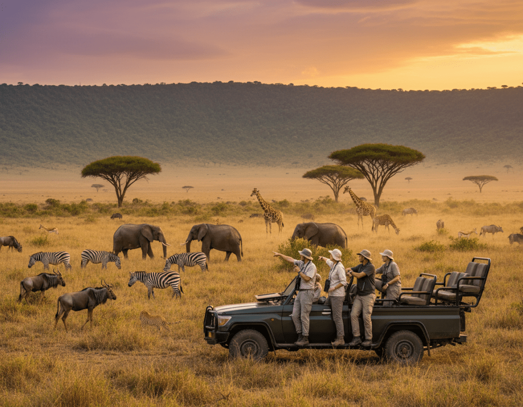 A scenic view of a Ngorongoro Safari tour, showcasing a diverse landscape filled with lush green hills and the iconic Ngorongoro Crater in the background. In the foreground, a safari vehicle with four tourists, dressed in modest casual clothing, observing wildlife such as elephants, zebra, and wildebeest in their natural habitat. The middle ground captures various acacia trees dotting the landscape, with a few grazing animals dispersed throughout. The background features the expansive African sky painted in warm hues of golden light during sunset, casting a magical glow over the crater. The image should convey a sense of adventure and tranquility, emphasizing the beauty of nature. Use a wide-angle perspective to encompass the vastness of the scene, with soft, diffused lighting to enhance the atmosphere.