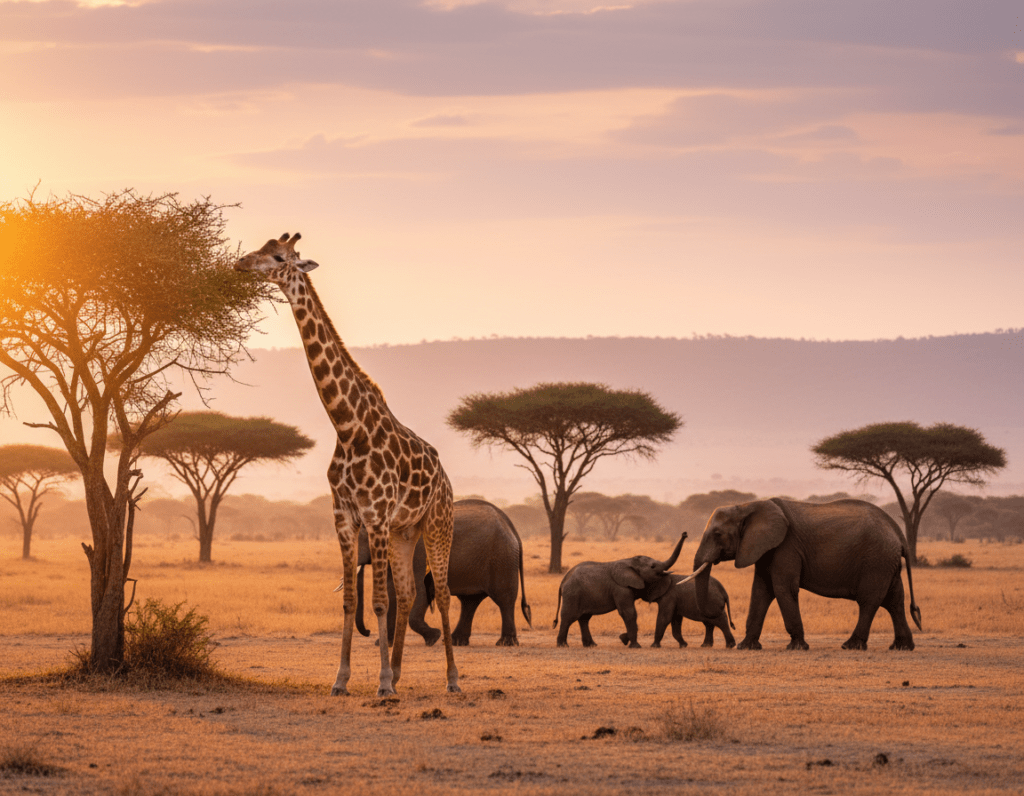 A serene African landscape at golden hour, featuring diverse wildlife interacting naturally in their habitat. In the foreground, a graceful giraffe grazes on acacia leaves, showcasing its elegance and height. The middle ground includes a small herd of elephants, gently passing through a sunlit clearing, with a few young calves playfully interacting. In the background, iconic acacia trees are silhouetted against a warm, orange and pink sky, with distant hills fading into the horizon. Soft, diffused lighting illuminates the scene, highlighting the animals' textures and colors. Emphasize the harmony between nature and wildlife, creating a calm, ethical atmosphere that reflects the principles of responsible wildlife photography. Use a wide-angle lens to capture the expansive scenery, enhancing the feeling of connection with the natural environment.