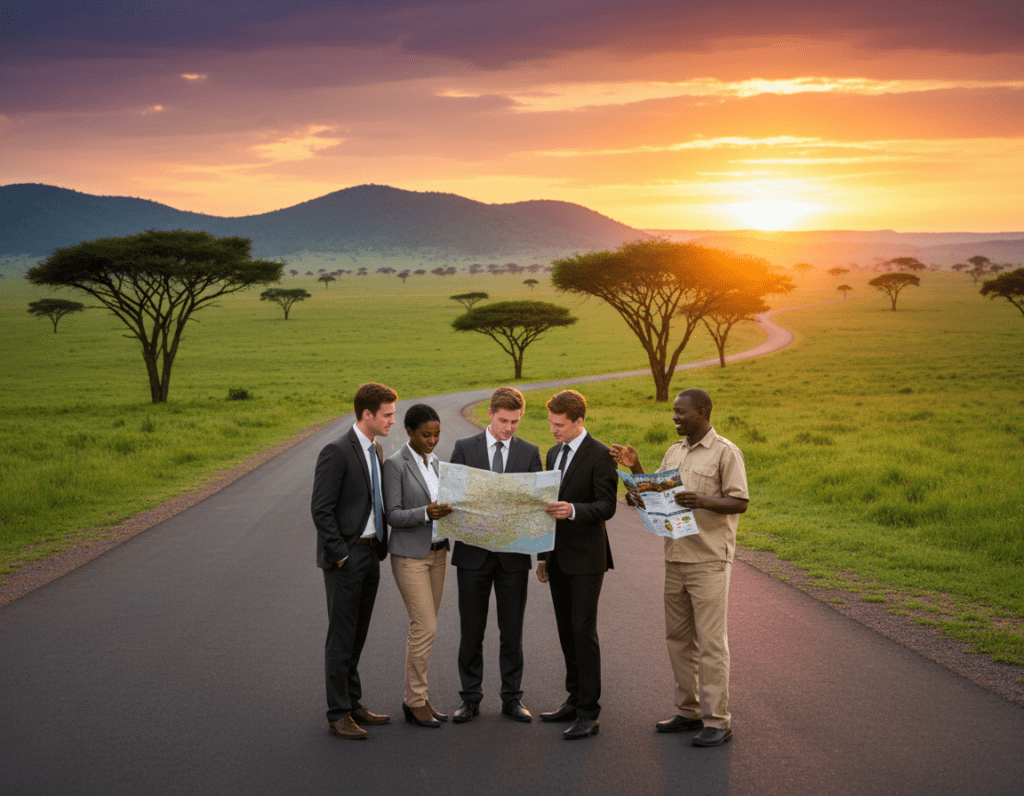 A serene African landscape in the foreground featuring a paved road winding through lush, green savannah dotted with acacia trees. In the middle ground, a diverse group of travelers, dressed in professional business attire, consult a detailed travel map, exuding an air of safety and preparedness. A local guide stands beside them, confidently pointing toward safety tips illustrated on a convenient travel brochure. In the background, gentle hills roll under a vibrant sunset, casting warm, golden light across the scene, creating a hopeful and adventurous atmosphere. The image should have a soft focus lens effect to emphasize the travelers while maintaining clarity in their interactions, evoking a sense of exploration and security.