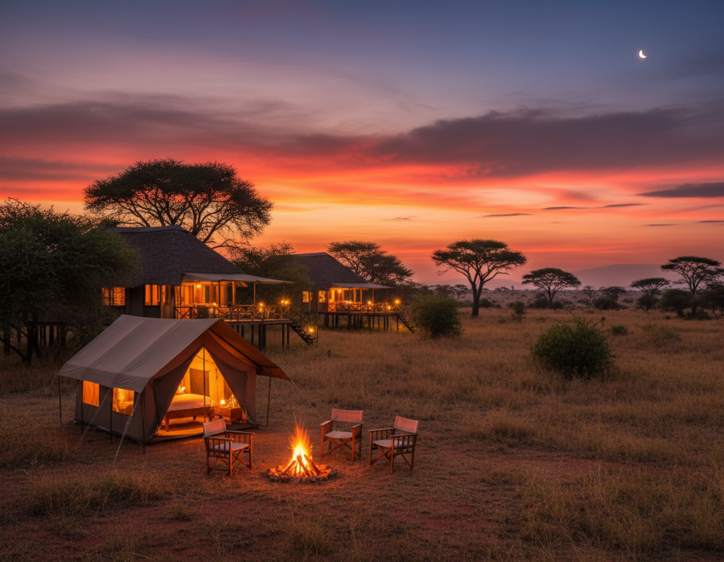 A serene camping scene in Tanzania's safari lodges at dusk. In the foreground, a cozy campsite with a brightly lit tent and a crackling campfire, surrounded by comfortable camping chairs. In the middle ground, elegant safari lodges featuring thatched roofs and wooden decks, blending harmoniously with the lush savanna landscape. The background showcases the iconic acacia trees silhouetted against a vibrant sunset sky, rich in oranges and purples. Soft, warm lighting illuminates the tent and lodges, creating an inviting atmosphere. Use a wide-angle lens to capture the expansive savanna, enhancing the sense of adventure and tranquility. The mood is peaceful yet adventurous, inviting viewers to imagine their own safari experience amid Tanzania's natural beauty.