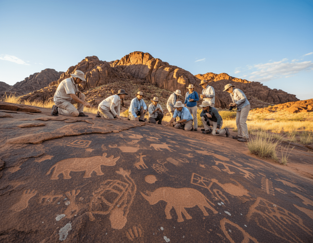 A serene landscape of Twyfelfontein, Namibia, showcasing the unique rock engravings and ancient petroglyphs in the foreground, intricately carved into reddish-brown stone. In the middle ground, a group of diverse tourists, dressed in modest, casual clothing, are attentively observing the engravings, respecting the site's cultural significance. The background features a stunning desert landscape with rugged mountains and a clear blue sky, bathed in warm, golden sunlight, creating an inviting and reverent atmosphere. The image is taken from a low angle to emphasize the engravings and tourists, capturing the majesty of the site while maintaining a sense of peace. A gentle breeze rustles the sparse vegetation, enhancing the natural beauty and tranquility of this UNESCO World Heritage site.