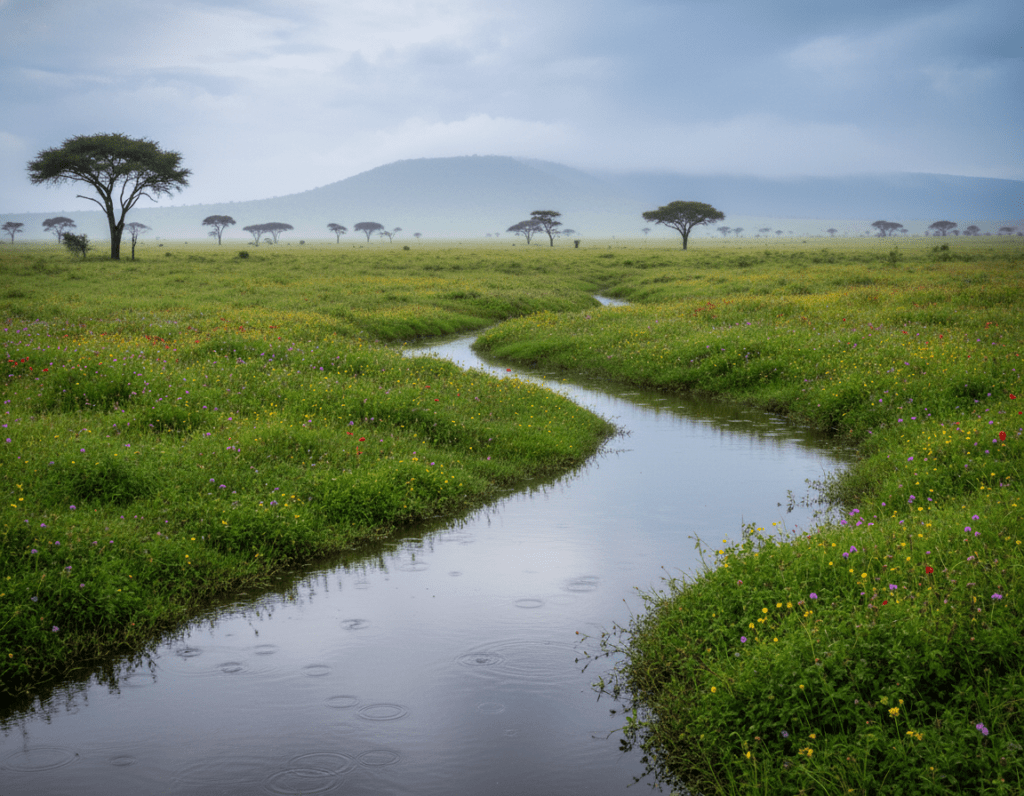A serene landscape of the Serengeti during the short rains, showcasing lush greenery with vibrant wildflowers peeking through. In the foreground, a gentle stream flows, reflecting the overcast sky, with soft droplets falling, creating ripples on the water's surface. The middle ground features acacia trees dotted throughout the landscape, their leaves glistening from the rain. In the background, iconic distant hills fade into a misty horizon under a moody sky filled with gray clouds. The atmosphere is tranquil and refreshing, capturing the essence of the season. The lighting is soft and diffused, enhancing the rich colors of nature. The scene is presented with a slightly elevated angle, giving a panoramic view of the captivating landscape.