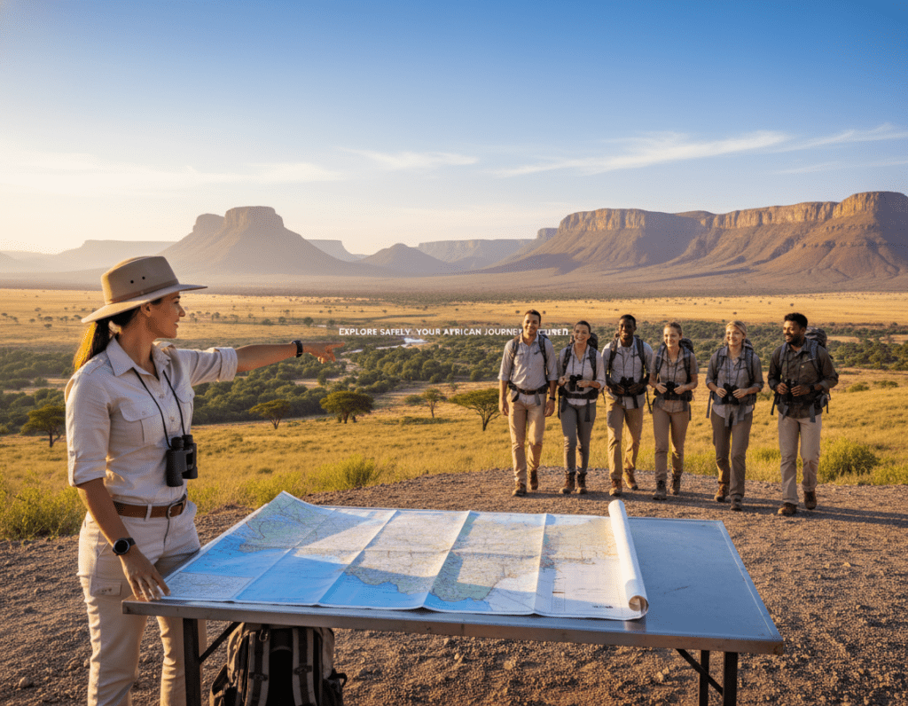 A serene landscape showcasing the vibrant colors of Namibia or South Africa, emphasizing safety in travel. In the foreground, a well-dressed businesswoman looking confidently at a map, symbolizing careful planning and security. In the middle ground, diverse travelers exploring together, wearing modest casual clothing, embodying camaraderie. Surrounding them, a stunning backdrop of iconic African scenery—vast savannahs, majestic mountains, and lush greenery under a clear blue sky. The lighting is warm and inviting, suggesting early morning or late afternoon. The atmosphere should be peaceful yet adventurous, with a sense of reassurance and practicality, reflecting the essence of safety and travel tips in the region.