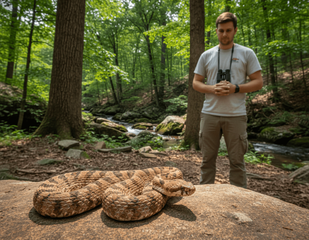 A serene outdoor scene depicting a safe encounter with a venomous snake in its natural habitat. In the foreground, a professional individual in a modest casual outfit observes the snake from a safe distance, maintaining a calm and respectful demeanor. In the middle ground, a vibrant, coiled snake is highlighted, showcasing its distinctive markings and colors, symbolizing its beauty and danger. In the background, a lush, green landscape with trees and rocks creates an inviting yet cautionary atmosphere. Soft, diffused natural lighting filters through the branches, casting gentle shadows. Capture the moment from a slightly elevated angle, emphasizing the distance between the person and the snake, instilling a sense of awareness and safety in the viewer.