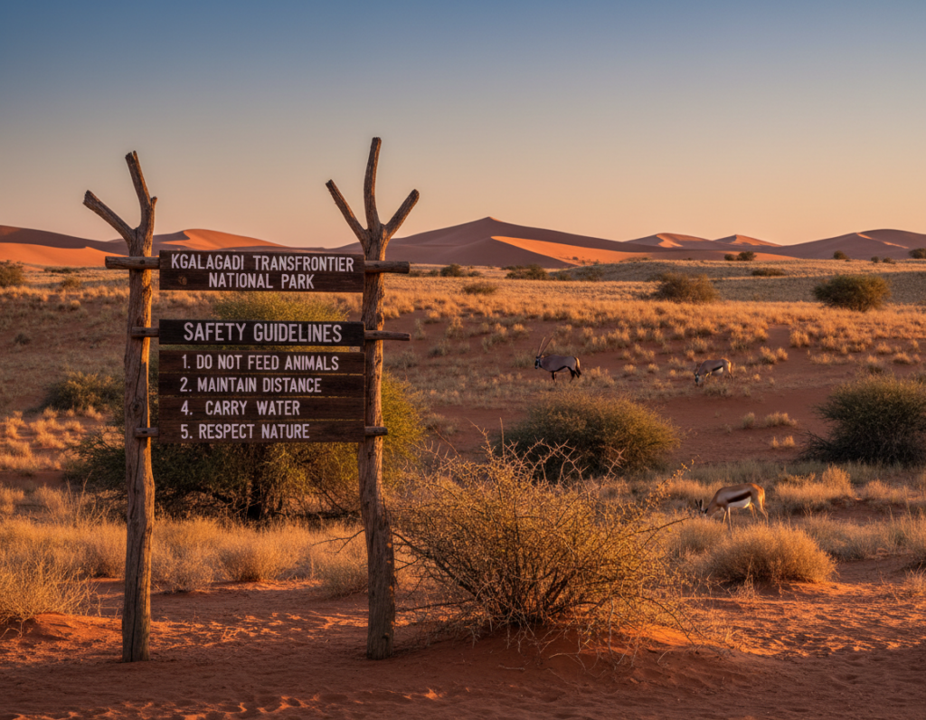 A serene scene capturing the essence of Kgalagadi Transfrontier National Park, showcasing essential safety instructions for visitors. In the foreground, depict an informative safety signpost made from natural materials, surrounded by scenic desert flora like acacia trees and hardy shrubs. The middle ground features an expansive view of golden Kalahari dunes under a clear blue sky, hinting at the park's vastness. In the background, a hint of wildlife such as a gemsbok or springbok grazing peacefully adds life to the landscape. The lighting is warm and soft, evoking a welcoming ambiance at sunset. The angle is slightly elevated, providing an expansive view while keeping the signpost prominent. The overall mood is tranquil yet educational, emphasizing the importance of safety in the beautiful setting of the park.