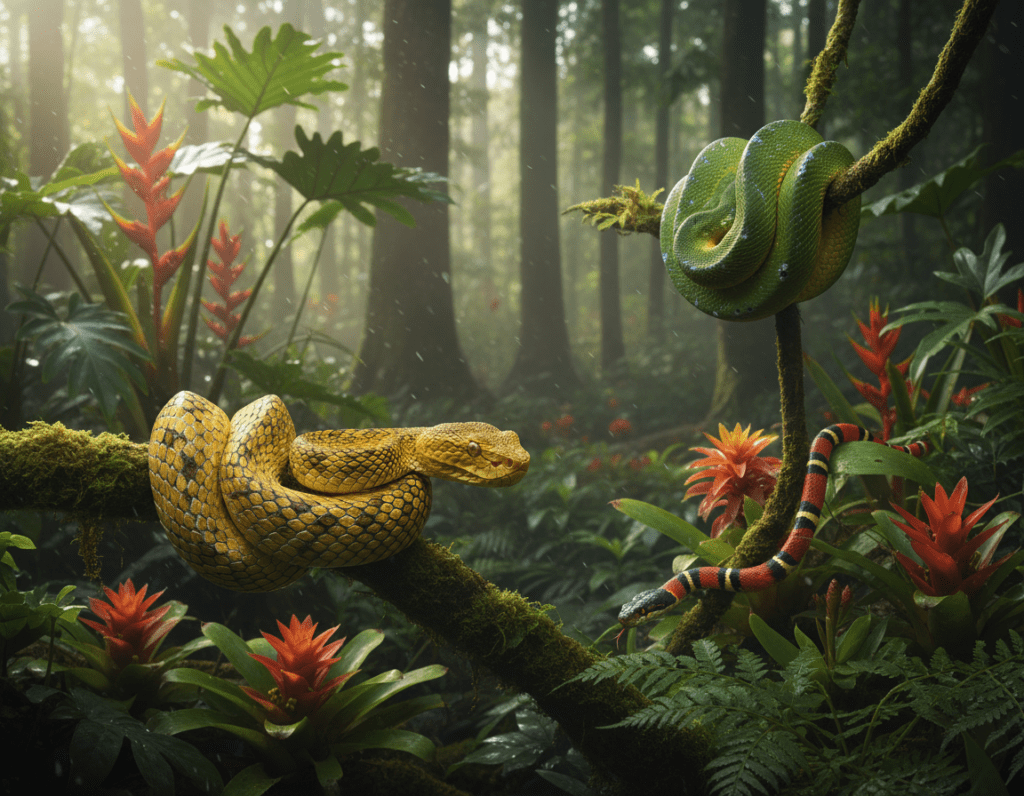 A serene tropical forest habitat featuring various endangered snake species, including a vibrant green tree snake and a strikingly patterned coral snake, weaving around branches and vegetation. In the foreground, focus on a detailed view of a threatened snake coiled elegantly on a branch, showcasing its unique scales and features, with soft sunlight filtering through the leaves, casting dappled shadows. In the middle ground, add a diverse array of flora, illustrating the rich ecosystem these reptiles inhabit. The background should display a slightly blurred view of distant trees to create depth. The atmosphere is peaceful yet subtly conveys the urgency of conservation and protection, with warm, natural lighting emphasizing the beauty and fragility of these species in their habitat.