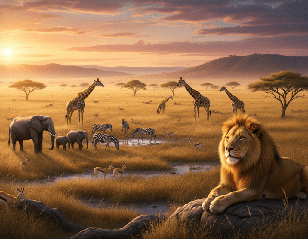 A stunning African landscape at dawn, showcasing a vibrant savannah dotted with acacia trees and teeming with wildlife. In the foreground, a majestic male lion lounges peacefully, his golden mane glowing in the soft morning light. Nearby, a herd of elephants gently wander, highlighting their size against the vastness of the scene. The middle ground features a variety of animals, such as zebras and giraffes, interacting harmoniously in their natural habitat. In the background, a colorful sunrise paints the sky with hues of orange, pink, and purple, casting a warm glow over the entire setting. The atmosphere conveys tranquility and the perfect moment for wildlife photography. Capture this scene with a wide-angle lens to convey depth and richness, focusing on natural lighting to enhance the beauty of the landscape.