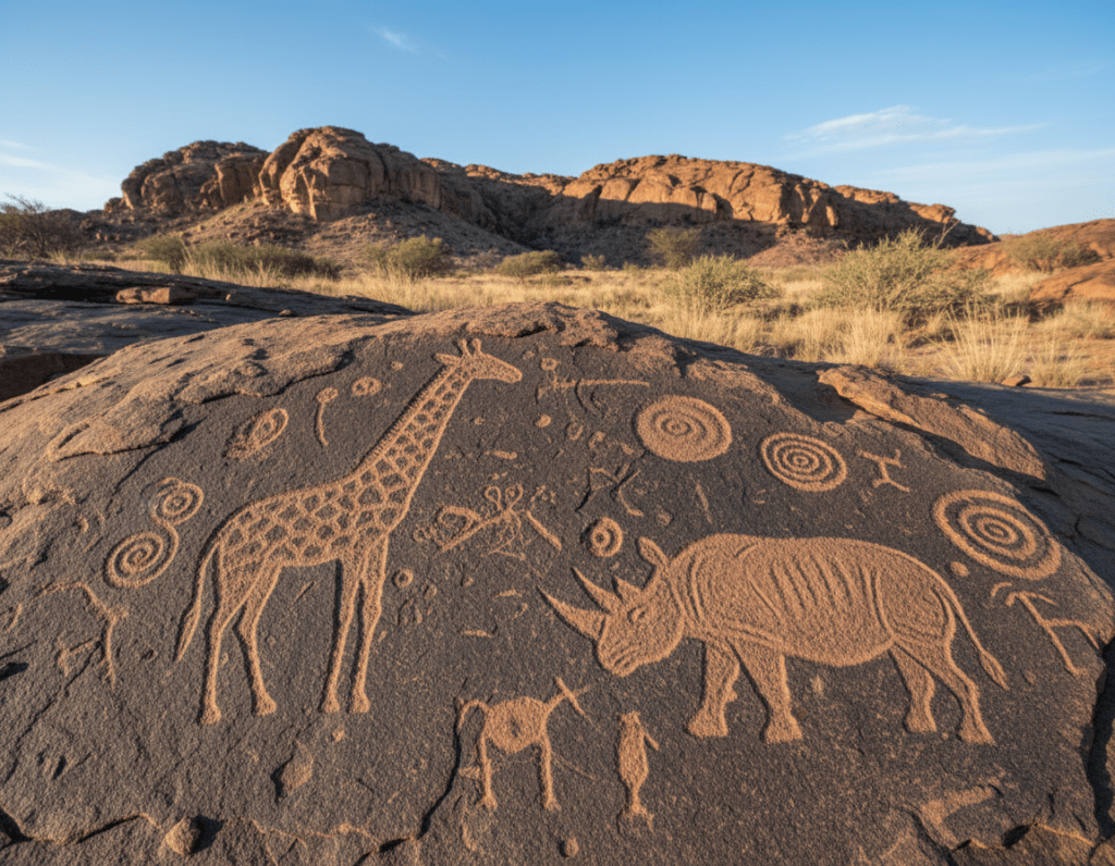 A stunning close-up of ancient petroglyphs at Twyfelfontein, Namibia, showcasing intricate rock carvings of animals, human figures, and symbolic patterns etched into weathered granite. The foreground features detailed carvings of a giraffe and a rhino, emphasizing their textures and the artistry of the engravings. In the middle ground, the rugged, arid landscape is visible, dotted with sparse vegetation under a bright blue sky. The background displays the distinctive rocky cliffs of Twyfelfontein, casting soft, dramatic shadows in the warm afternoon sunlight. The scene conveys a sense of awe and historical significance, immersing viewers in the rich cultural heritage of this UNESCO World Heritage site. The mood is serene and reverent, inviting contemplation of the ancient meanings behind the carvings.