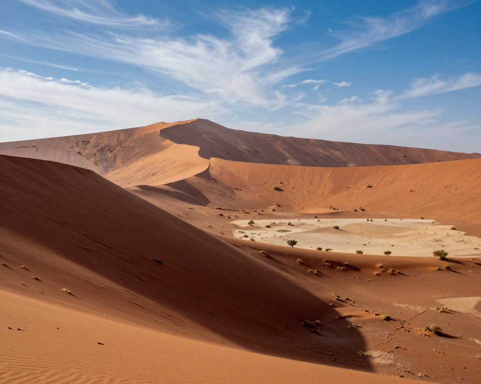 A stunning geologic formation in the Namib Desert, highlighting the towering dunes and rocky outcrops that define the landscape. In the foreground, intricately layered red and orange sands cascade down the steep slopes of "Big Daddy," the world's tallest dune, with sharp shadows accentuating its curves. The middle ground features a vast expanse of golden sands dotted with sparse vegetation, showcasing the resilience of life in this arid environment. The background presents a vivid blue sky with wispy clouds, contrasting with the warm tones of the dunes. The scene is bathed in soft morning light, enhancing the textures and colors, while a slight haze adds depth and mystery to the atmosphere. The angle captures the grandeur of the dunes, evoking a sense of awe and solitude.