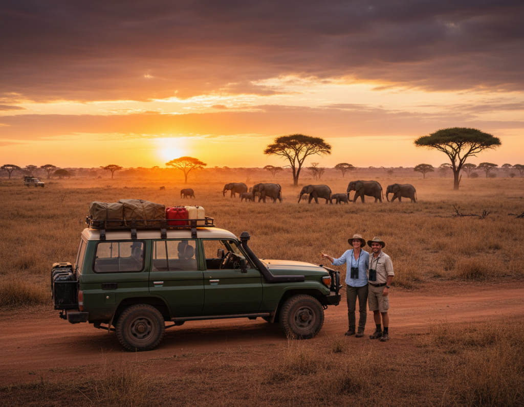 A stunning landscape of the Tanzanian wilderness showcasing a self-drive safari experience. In the foreground, a rugged 4x4 vehicle with a roof rack is parked on a dirt road, symbolizing adventure. A pair of travelers, dressed in modest casual safari attire, stands beside the vehicle, gazing at a herd of elephants in the middle ground. The background features vivid acacia trees under a vibrant sunset sky, casting warm golden and orange hues across the scene. The atmosphere is tranquil yet brimming with untamed nature, evoking a sense of exploration and freedom. Use natural lighting to highlight the textures of the landscape, and choose a wide-angle lens to capture the expansive beauty, emphasizing the vastness of Tanzania's wilderness.