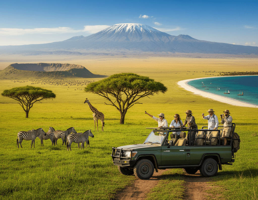A stunning landscape showcasing the diverse travel destinations in Tanzania. In the foreground, depict a safari vehicle with travelers dressed in modest casual clothing, taking photos of wildlife, with vibrant green grass and acacia trees surrounding them. In the middle ground, illustrate a varied ecosystem, blending the iconic Serengeti plains with a backdrop of Mount Kilimanjaro under a clear blue sky. Add scenes of the Ngorongoro Crater and the beautiful beaches of Zanzibar nearby, symbolizing the combination of experiences available. Ensure warm, natural lighting enhances the colors of the scenery, creating a bright and inviting atmosphere. Capture the essence of adventure and exploration in Tanzania as an unforgettable travel destination.