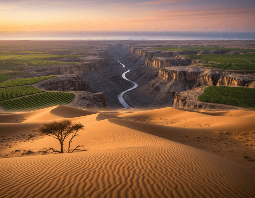 A stunning landscape showcasing two of southern Africa's most captivating travel destinations: Namibia and South Africa. In the foreground, highlight the vast golden dunes of the Namib Desert, with a silhouette of a lone acacia tree. Transitioning to the middle ground, depict the rugged beauty of the Fish River Canyon with its dramatic cliffs and winding river, merging into vibrant green vineyards representing South Africa's Cape Winelands. In the background, a sun setting on the horizon casts warm, orange and pink hues across the sky, reflecting on a tranquil body of water. Use soft, diffused lighting to create a peaceful yet enchanting atmosphere. The scene should evoke a sense of adventure and awe at nature's beauty, captured with a wide-angle lens.