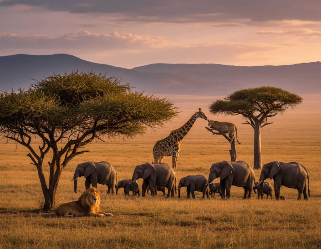 A stunning scene capturing the "Big Five" in the Serengeti, showcasing a diverse landscape rich in wildlife. In the foreground, a majestic lion rests under a golden acacia tree, its mane illuminated by the warm glow of a late afternoon sun. Nearby, a herd of elephants grazes peacefully, their silhouettes casting long shadows on the savanna grass. In the middle ground, a graceful giraffe stretches its neck to nibble leaves from a taller tree, while a sleek leopard lounges on a branch, surveying its surroundings. The background features rolling hills and distant mountains, bathed in the soft hues of sunset. The atmosphere is tranquil and serene, embodying the beauty of nature. Shot with a wide-angle lens, emphasizing the vastness of the landscape and the richness of the wildlife, with soft, natural lighting creating a warm, inviting ambiance.