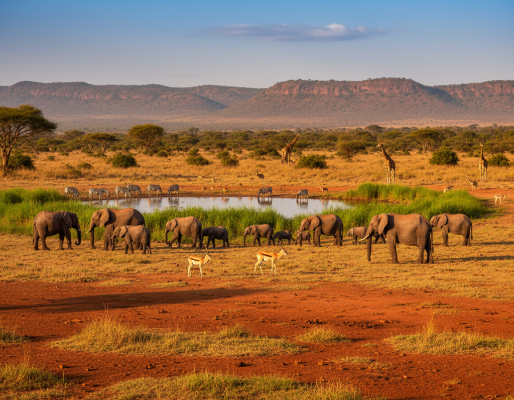 A stunning view of Tsavo National Park in Kenya, showcasing a vibrant landscape of red earth, acacia trees, and sparse shrubbery. In the foreground, a herd of elephants peacefully graze, embodying the essence of conservation. The middle ground features a watering hole surrounded by lush vegetation, where various wildlife, such as zebras and antelopes, come to drink. In the background, the dramatic hills of Tsavo rise under a clear blue sky, with a few wispy clouds. The lighting is warm and golden, typical of a late afternoon, casting soft shadows and highlighting the natural beauty of the park. The atmosphere is serene and harmonious, reflecting the commitment to sustainable tourism and wildlife preservation.