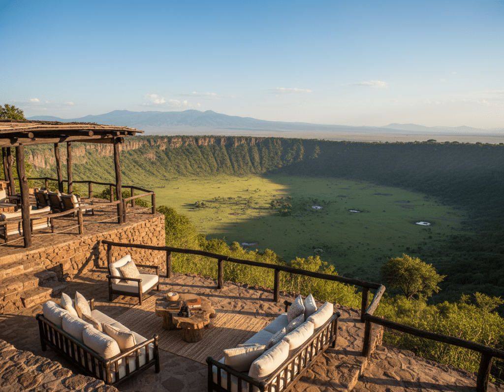 A stunning view of luxurious accommodations nestled on the rim of the Ngorongoro Crater, surrounded by lush vegetation and dramatic cliffs. In the foreground, an elegant lodge with natural wood and stone architecture, featuring a spacious outdoor terrace with comfortable seating. The middle ground showcases the breathtaking crater viewed from a vantage point, filled with vibrant green grasslands and scattered wildlife. In the background, the vast expanse of the crater and its diverse ecosystems stretch out under a bright blue sky, with a soft golden sunlight illuminating the scene. Capture the serene, tranquil atmosphere of this unique location, inviting viewers to imagine a peaceful getaway in nature. Use a wide-angle lens for an immersive perspective, focusing on the interplay of light and shadow.