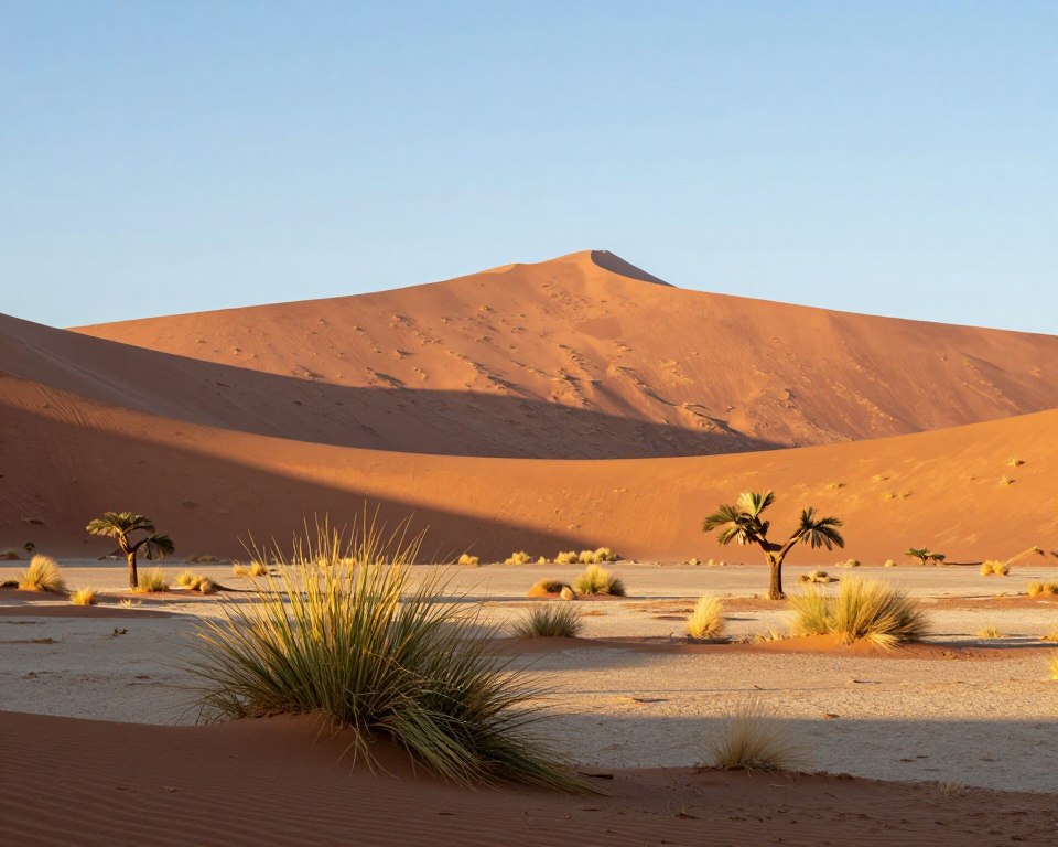 A stunning view of the Namib Desert ecosystem, showcasing the iconic high sand dunes, particularly Big Daddy, rising majestically against a clear blue sky. In the foreground, delicate desert plants such as Welwitschia and sparse grasses add color and texture to the sandy terrain. The middle ground features the towering red-orange dunes, casting dramatic shadows that highlight their undulating forms. In the background, the distant rugged mountains hint at the vast landscape's depth. The scene is bathed in warm golden sunlight, evoking a serene yet majestic atmosphere, with soft, diffused lighting creating gentle contrasts. A low-angle perspective emphasizes the height of the dunes, capturing the grandeur of this unique ecosystem in its natural beauty.
