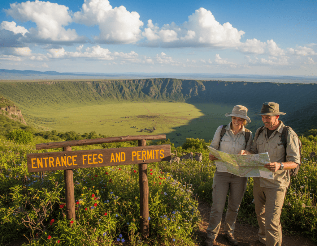 A stunning view of the Ngorongoro Crater, showcasing its vast, lush green landscapes and steep volcanic walls, under a bright blue sky with fluffy white clouds. In the foreground, a wooden sign displaying "Entrance Fees and Permits" in an elegant and clear font, surrounded by vibrant vegetation and wildflowers. The middle layer features a couple of tourists, dressed in professional casual attire, attentively reviewing a map with a sense of excitement about their visit. The background highlights the majestic crater itself, teeming with wildlife like elephants and zebras grazing peacefully. The lighting is warm and inviting, suggesting a sunny day, with soft shadows enhancing the textures of the landscape. The atmosphere is tranquil and adventurous, immersing the viewer in the beauty of this iconic location.
