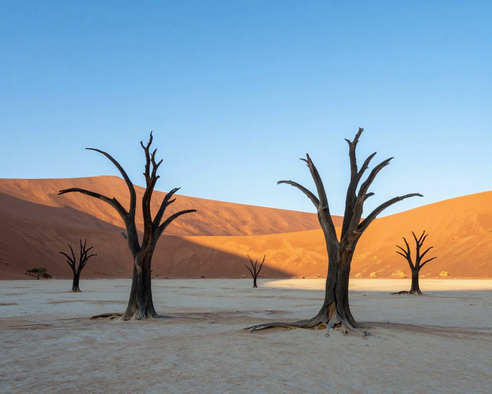 A surreal landscape of Deadvlei in Namibia, showcasing the iconic dead trees with their gnarled branches reaching towards a brilliant blue sky. In the foreground, the stark, white clay pan contrasts sharply with the deep orange and red hues of the towering dunes that surround it, particularly the majestic Big Daddy dune in the background. The scene is illuminated by the soft, golden light of the early morning sun, casting long shadows that enhance the eerie beauty of the skeletal trees. Capture the serene yet haunting atmosphere, evoking a sense of isolation and timelessness in this unique desert environment. The image should focus on a wide-angle view to encompass both the dunes and the trees, highlighting the extraordinary natural contrast.
