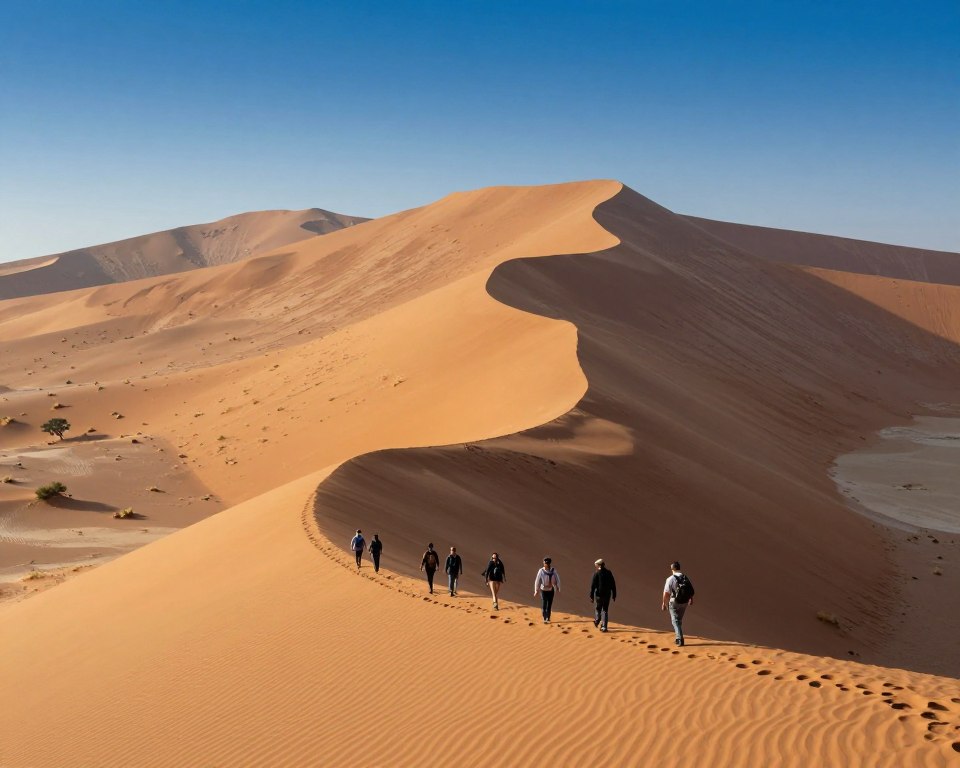 A sweeping view of Big Daddy dune in Sossusvlei, Namibia, showcasing its towering golden-orange peaks against a backdrop of deep blue sky. In the foreground, a winding path marks the trail leading to the base of the dune, where a group of adventurers in modest outdoor clothing prepare for their hike, filled with excitement. The middle ground features the rippling textures of the dune's surface, capturing the intricate patterns created by the wind. In the background, the surrounding desert landscape, dotted with sparse vegetation and shadowy mountain silhouettes, adds depth to the scene. Soft early morning light casts long shadows, creating a serene yet invigorating atmosphere that highlights the majesty of the highest dune in the world.