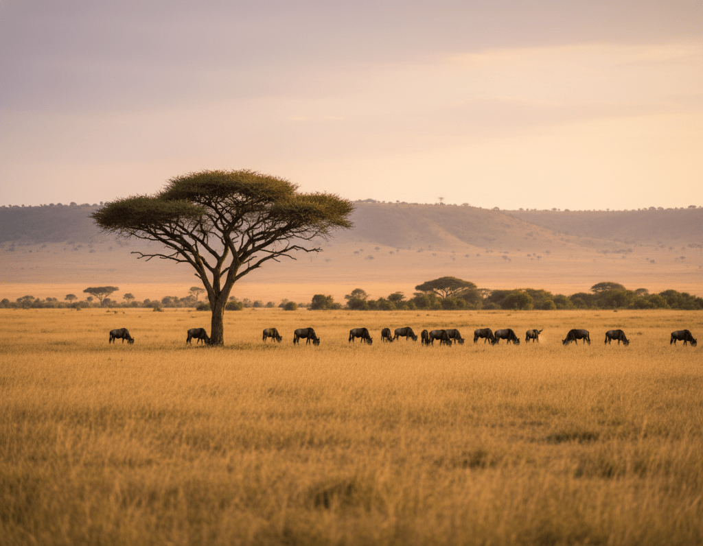 A tranquil scene capturing the essence of the Serengeti during the low season, showcasing golden savannah grasslands under a soft, diffused sunset light. In the foreground, a solitary acacia tree stands tall, its branches reaching out against the colors of the sky. The middle ground features a herd of wildebeests grazing peacefully, their silhouettes contrasting the warm hues of the landscape. In the background, gentle hills roll off into the distance, dusted with patches of greenery. The atmosphere is calm and serene, evoking a sense of exploration and solitude. The scene is framed with a warm color palette, enhancing the beauty of the low season, with a shallow depth of field to emphasize the wildebeests and acacia tree.