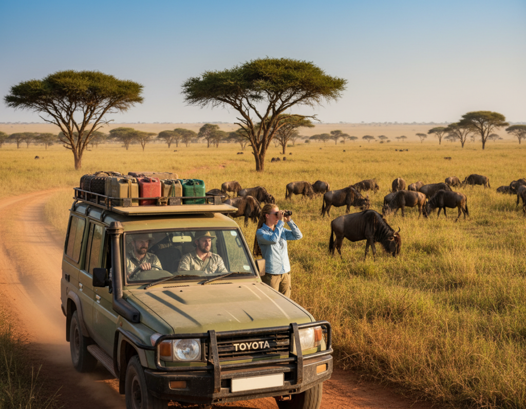A vibrant Tanzanian safari scene showcasing a self-driving adventure through the African wilderness. In the foreground, a well-equipped 4x4 vehicle navigates a dirt road, with the driver and a passenger, both dressed in modest casual safari attire, observing the surroundings attentively. The middle ground features a diverse landscape, with acacia trees dotting the terrain and a herd of wildebeests grazing peacefully nearby. In the background, expansive savanna stretches under a clear blue sky, filtered sunlight casting golden hues across the scene. The mood is serene yet alert, emphasizing the importance of safety in this vast and wild environment. Capture the image with a wide-angle lens, highlighting the richness of colors and textures typical of a Tanzanian safari.
