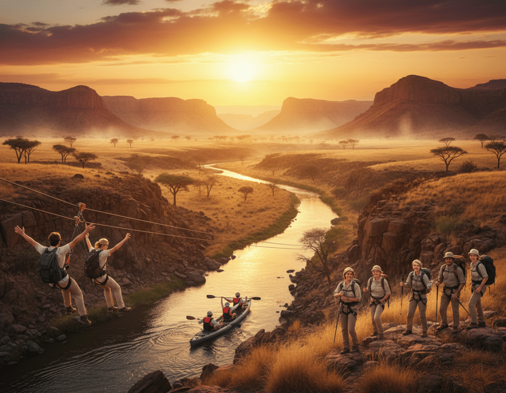 A vibrant and dynamic scene showcasing outdoor activities in Africa, specifically Namibia or South Africa. In the foreground, a diverse group of individuals dressed in professional casual clothing enthusiastically engages in various adventures, such as hiking, zip-lining, and kayaking. The middle ground features stunning landscapes, including vast savannahs, rugged mountains, and a glistening river, showcasing the natural beauty of the region. In the background, a golden sunset casts warm light across the sky, enhancing the atmosphere of excitement and exploration. The composition captures the essence of adventure, with a sense of camaraderie and awe-inspiring nature, using warm, inviting lighting and a wide-angle lens to emphasize the grandeur of the African wilderness.