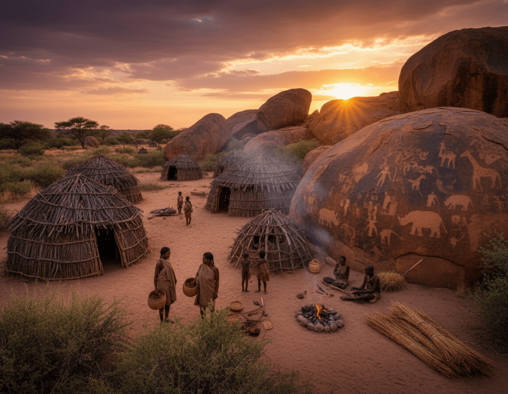 A vibrant depiction of a prehistoric San settlement in Namibia, showcasing traditional structure styles, including huts made of wood and thatch, nestled among rocky landscapes. In the foreground, a group of people dressed in modest casual clothing engages in daily activities, such as gathering food and tending to crafts. The middle ground features unique rock formations and ancient carvings, reflecting the cultural significance of Twyfelfontein. The background reveals a stunning sunset, casting warm golden light across the landscape, enhancing the atmosphere of history and nostalgia. The scene is captured with a wide-angle lens perspective, ensuring a panoramic view that conveys the richness of the San culture and the serene beauty of the Namibian terrain.