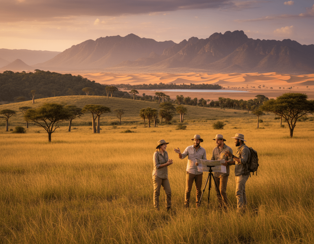 A vibrant landscape illustrating diverse climatic zones of Africa, set during a golden hour to capture warm, natural lighting. In the foreground, a lush savannah teeming with flora, showcasing acacia trees and grasslands, personified by a small group of travelers dressed in lightweight, breathable attire, engaging in a discussion about their journey. In the middle ground, rolling hills transition into a dramatic desert, featuring sandy dunes and scattered oasis. In the background, majestic mountain ranges rise, hinting at the varied climates from tropical rainforests to arid regions. The scene should evoke a sense of adventure and exploration, highlighting the richness of Africa’s geography. Use a wide-angle lens to emphasize the expansive terrain, maintaining a bright and inviting overall atmosphere.