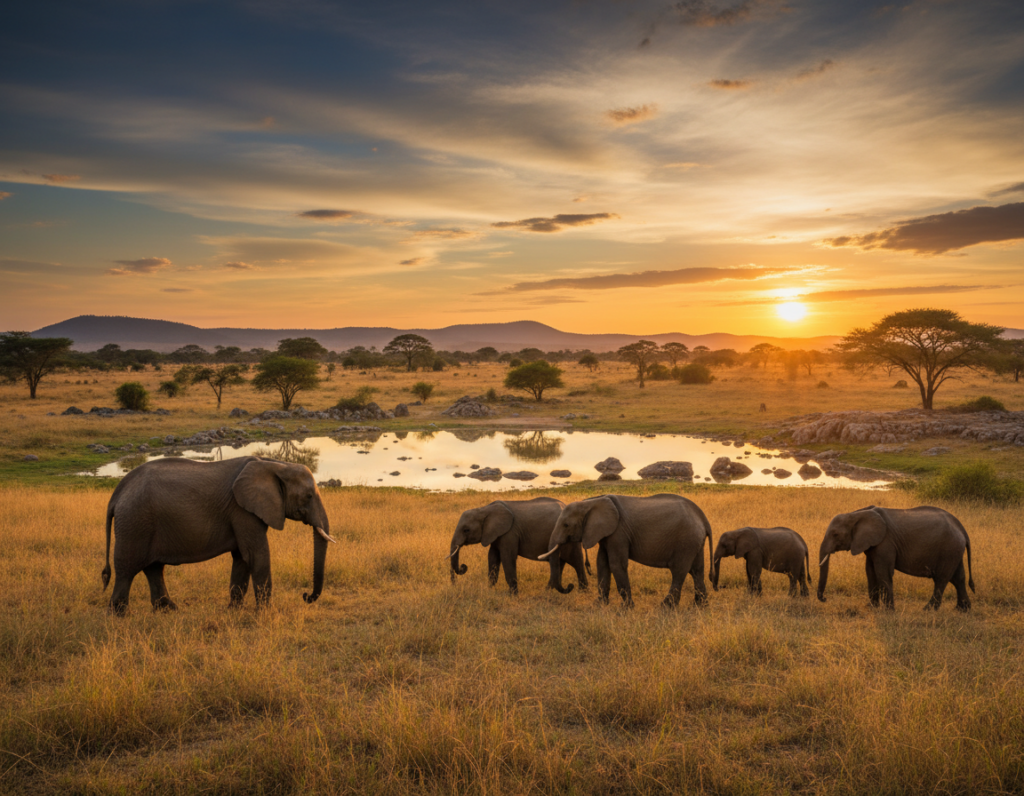 A vibrant landscape of Tsavo West National Park in Kenya during the golden hour, showcasing the best time for a visit. In the foreground, a herd of elephants grazes peacefully, their silhouettes softly illuminated by the warm sunlight. The middle ground features a tranquil waterhole reflecting the colors of a sunset, surrounded by lush acacia trees and scattered rocky outcrops. In the distance, the majestic Mzima Springs can be seen, framed by rolling hills under a dramatic sky filled with golden and orange hues. The atmosphere is serene and inviting, capturing the essence of an ideal safari experience. Use a wide-angle lens to capture the expansive beauty of the landscape, with soft, natural lighting to enhance the warm, welcoming mood.
