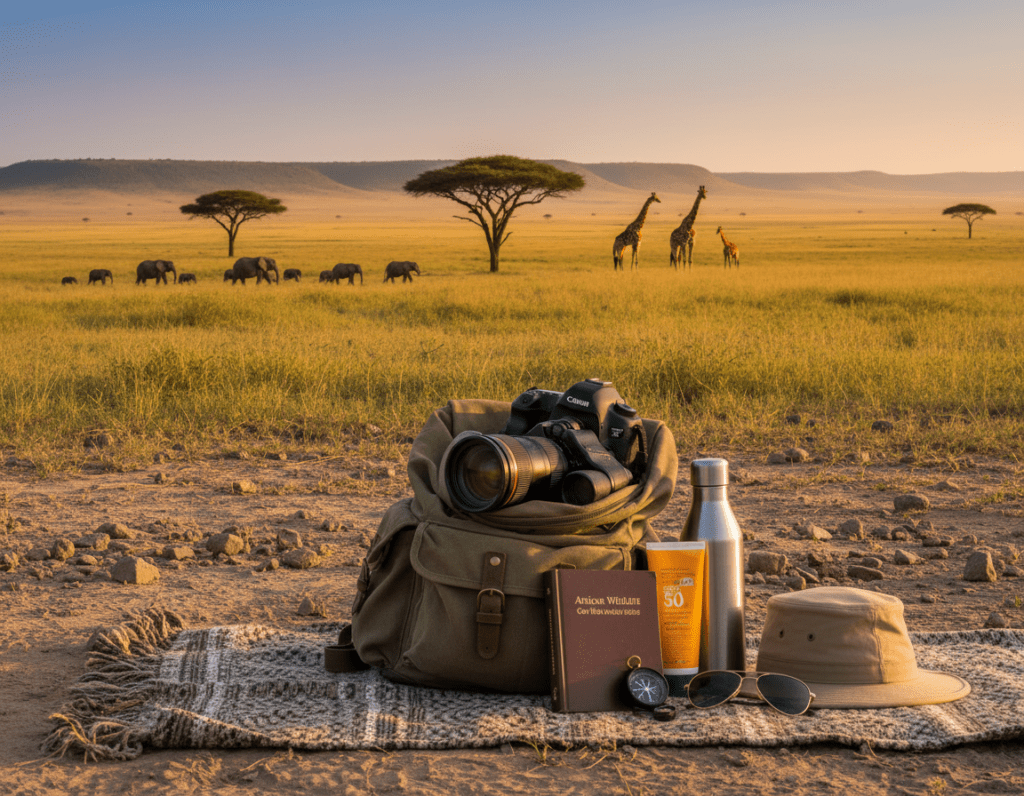 A vibrant safari packing list scene set within the Serengeti. In the foreground, an open backpack filled with essentials: binoculars, a camera, sunblock, a water bottle, a safari hat, and a field guidebook, all neatly organized. In the middle ground, a scenic view of the Serengeti landscape with acacia trees and rolling hills under a clear blue sky. A few wildlife animals, like elephants and giraffes, can be glimpsed in the distance, adding a sense of adventure. The lighting is warm and inviting, resembling the golden hour before sunset, casting a soft glow on the scene. The overall atmosphere conveys excitement and anticipation for a memorable safari experience.