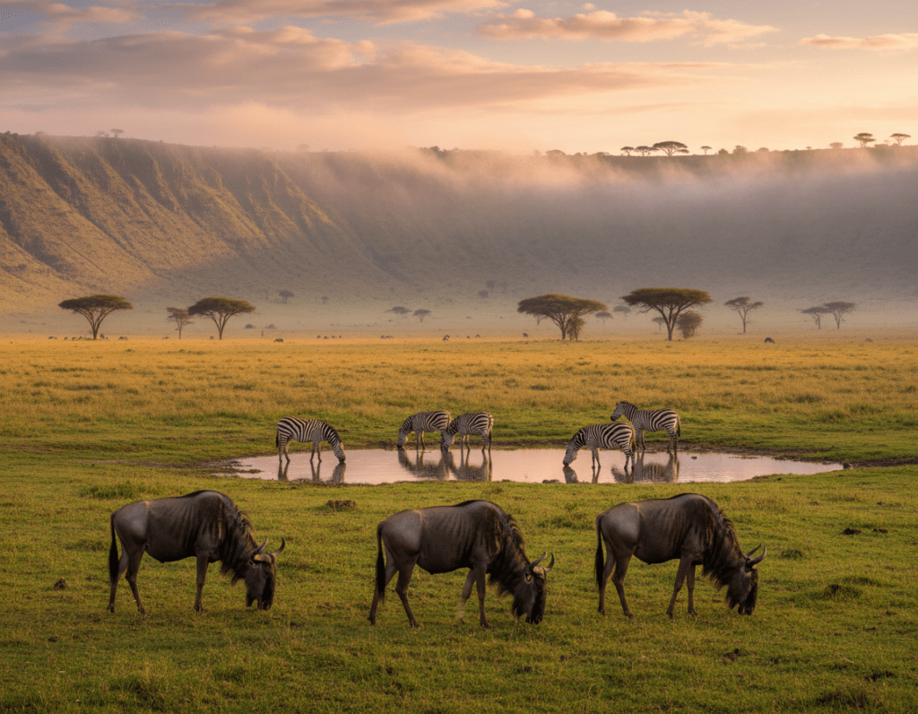 A vibrant scene depicting the rich wildlife of the Ngorongoro Crater in Tanzania. In the foreground, a trio of wildebeests grazing peacefully on the lush grass, their majestic forms highlighted by the soft morning light. In the middle ground, a cluster of zebras stands near a watering hole, their striking black and white stripes contrasting against the vivid greens and browns of the landscape. In the background, the towering crater walls rise dramatically, enveloped in a gentle mist, with patches of acacia trees dotting the terrain. The warm, golden light of sunrise casts a serene glow over the scene, creating a tranquil atmosphere that captures the essence of this unique ecosystem. The perspective is slightly elevated, offering a sweeping view of the diverse fauna and stunning geology of the Ngorongoro Crater.