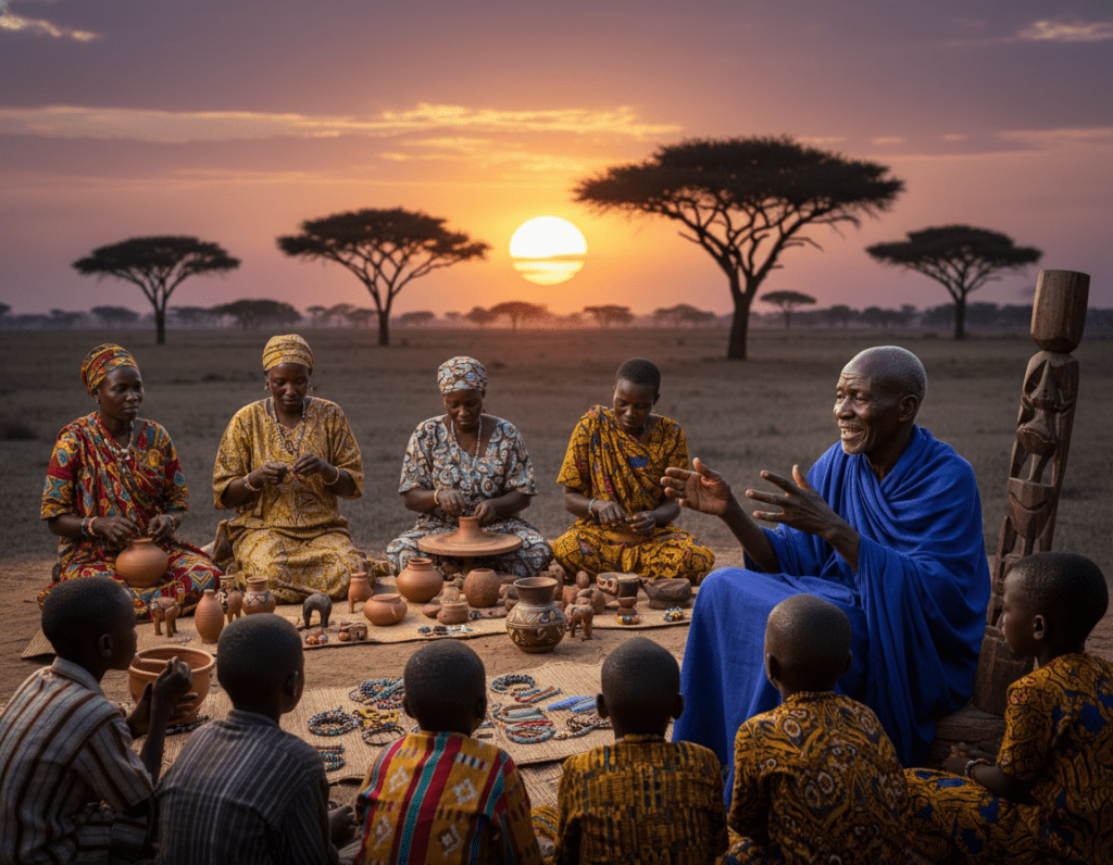 A vibrant scene depicting various cultural traditions in Africa, showcasing a diverse group of individuals dressed in traditional and modest attire. In the foreground, an elder narrates stories to a group of eager listeners, highlighting the oral traditions of the region. The middle ground features artisans creating crafts, such as beadwork and pottery, symbolizing Africa's rich artistic heritage. The background reveals a majestic landscape with acacia trees and a sunset casting warm hues over the scene, creating a peaceful and nostalgic atmosphere. The lighting is soft and golden, reminiscent of dusk, captured with a shallow depth of field to emphasize the interactions between the people.