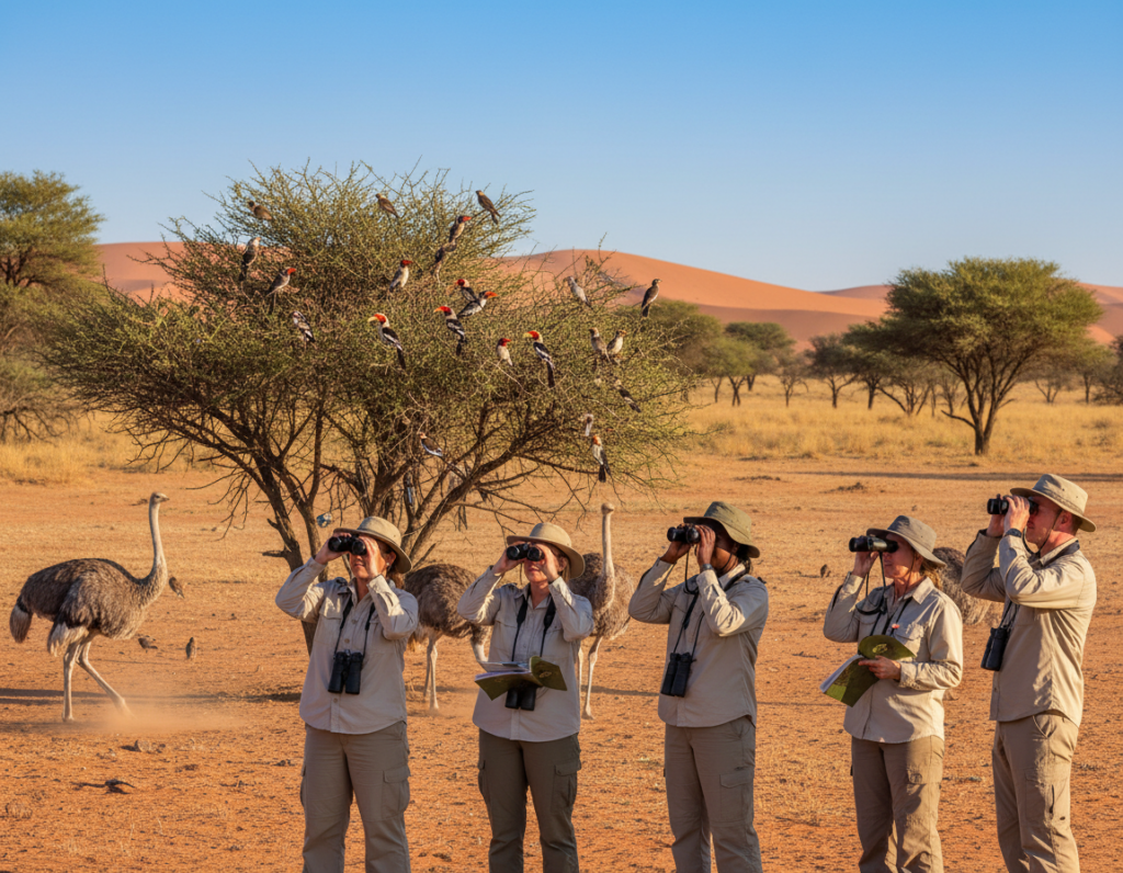 A vibrant scene of birdwatching in the Kgalagadi Transfrontier National Park, capturing the essence of the African wilderness. In the foreground, a diverse group of birdwatchers equipped with binoculars and field guides stands attentively, dressed in light, breathable clothing suitable for warm weather. The middle ground features a variety of native birds, such as the striking Kalahari red-billed hornbill and beautiful African ostriches, perched on branches and foraging on the ground. In the background, the vast Kalahari landscape stretches under a brilliant blue sky, dotted with acacia trees and golden sandy dunes. The lighting is warm and soft, suggesting early morning or late afternoon, casting long shadows and creating a serene atmosphere filled with the sounds of chirping birds.
