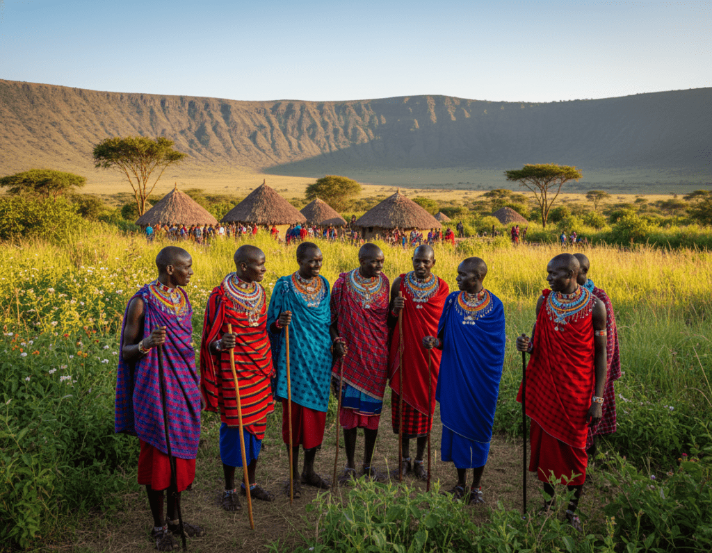 A vibrant scene showcasing a Maasai cultural encounter in the Ngorongoro Crater region. In the foreground, a group of Maasai warriors clad in traditional, colorful shuka (cloaks) are engaged in a lively discussion, showcasing their intricate beadwork and jewelry. The middle ground features traditional Maasai huts made of mud and thatch, surrounded by lush greenery, indicative of the fertile landscape. The background reveals the striking geological formations of the Ngorongoro Crater under a clear blue sky, with golden sunlight casting soft shadows. The atmosphere is lively and warm, reflecting the rich cultural heritage of the Maasai people. The image captures a sense of community and tradition, emphasizing the essence of cultural exchange in this beautiful landscape. The angle is slightly elevated, providing depth and context to the setting.