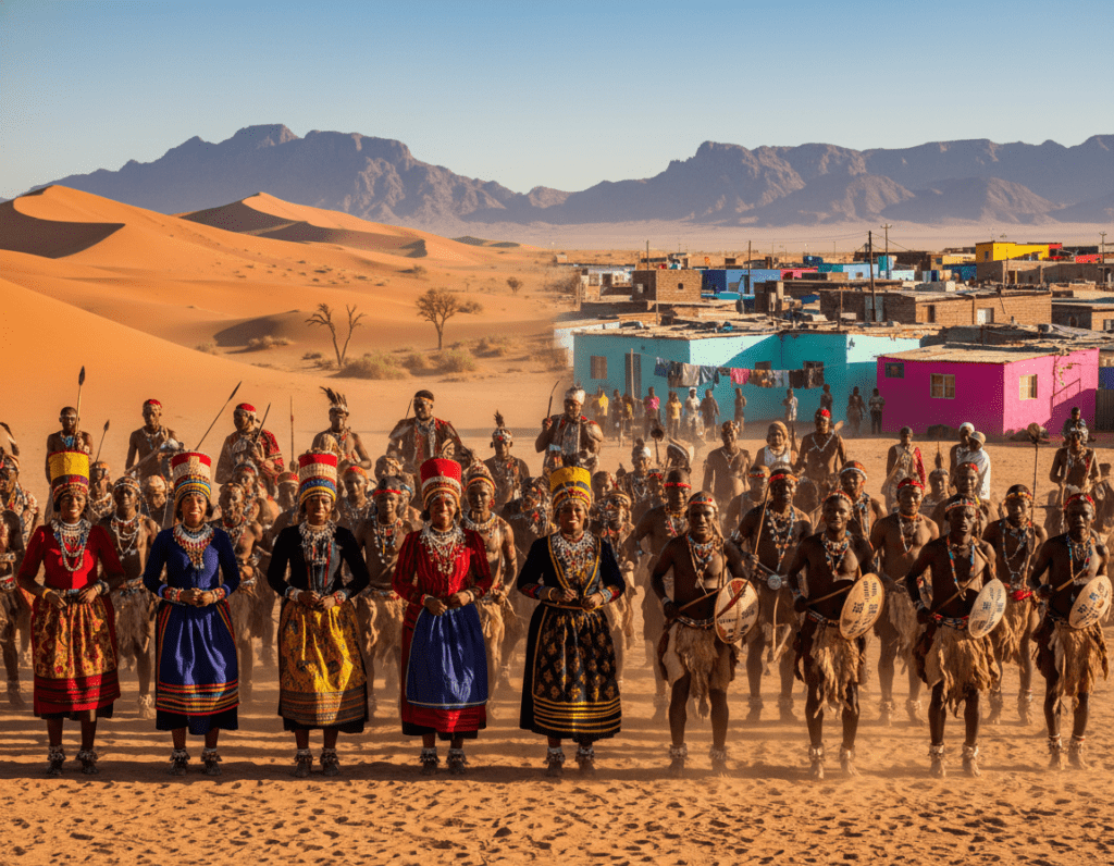 A vibrant scene showcasing the cultural diversity of Africa, focusing on Namibia and South Africa. In the foreground, a group of people in traditional attire, representing various ethnic groups, engage in a lively dance, displaying their colorful garments and intricate beadwork. The middle ground features iconic landscapes, such as the Namib Desert with its towering dunes and a South African township with vibrant houses. In the background, mountains rise under a clear blue sky, illuminated by warm sunlight, casting dramatic shadows. The mood is festive and celebratory, capturing the rich history and cultural highlights of these nations. The image is taken with a wide-angle lens to emphasize the expanse of the landscape, with a soft focus on the background to draw attention to the dancers in the foreground.