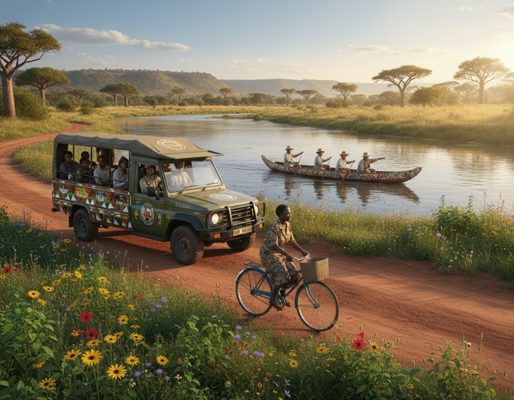 A vibrant scene showcasing various African transportation options. In the foreground, a well-maintained dirt road features diverse transport methods: a colorful matatu (shared taxi), a sturdy safari jeep, and a local bicycle, all surrounded by lush greenery and scattered wildflowers. In the middle ground, a traditional wooden canoe glides across a tranquil river, with a small group of local explorers dressed in modest clothing. The background captures a breathtaking African landscape with rolling hills and a clear blue sky, where the sun casts warm golden light, creating a welcoming atmosphere. The composition highlights the richness of travel in Africa, emphasizing both urban and natural exploration. The image, viewed from a slightly elevated angle, conveys a sense of adventure and diversity in transport choices across the continent.