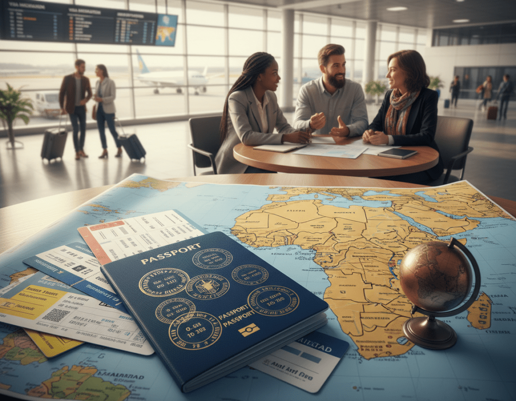 A visually striking composition highlighting visa and entry regulations for African countries. In the foreground, display a colorful passport, open to show intricate visa stamps and information pages. Surrounding the passport, arrange travel documents, a small globe, and a map of Africa, showcasing various country borders and travel routes. In the middle ground, integrate well-dressed individuals of diverse backgrounds discussing travel plans, exuding professionalism and camaraderie. The background should feature a soft-focus airport scene with travelers, luggage, and informational signs related to visas. Use natural lighting to create a warm, inviting atmosphere, and employ a slight overhead angle to enhance depth and detail, evoking a sense of adventure and preparation for travel across Africa.