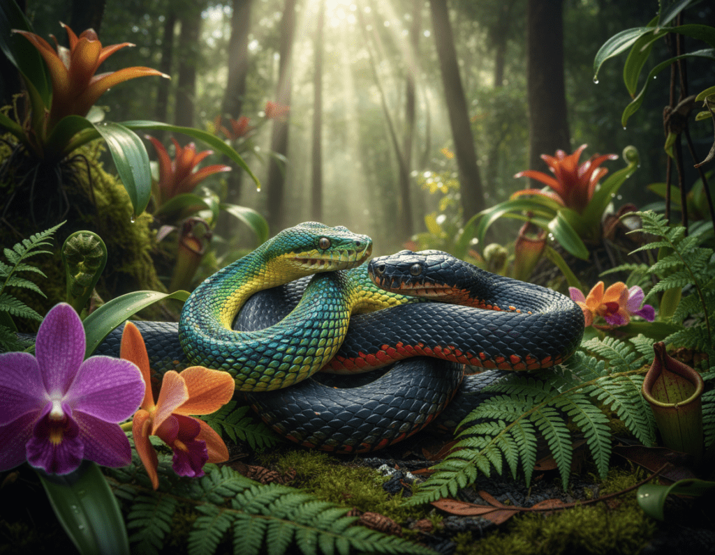 A vivid and dynamic illustration of venomous snakes in their mating process set in a lush, tropical environment. In the foreground, two vibrant snakes intertwined, showcasing their distinctive patterns and colors, with one snake slightly raised to symbolize courtship. The middle ground features dense foliage with exotic plants and flowers, creating an immersive, natural habitat. In the background, soft, dappled sunlight filters through the canopy, casting gentle shadows and highlighting the snakes' scales. The scene captures the essence of reproduction and development in these fascinating reptiles, evoking a sense of intrigue and wonder in a serene yet lively atmosphere. Use a macro lens effect to focus on the snakes while maintaining a depth of field that subtly emphasizes the surrounding flora.