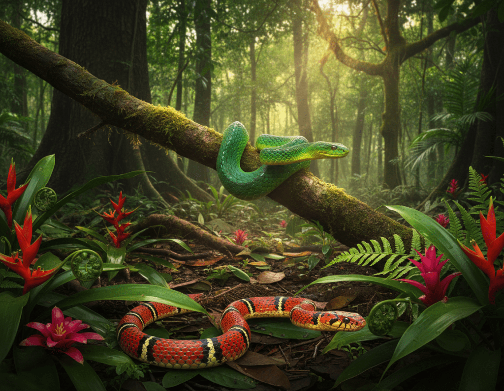 A vivid and engaging scene depicting diverse habitats of venomous snakes in a tropical rainforest setting. In the foreground, a brightly colored coral snake slithers among vibrant, lush greenery, surrounded by tropical flowers and ferns. In the middle ground, a dense thicket hosts a green mamba coiled on a branch, its scales glistening in the dappled sunlight. The background showcases towering trees with a rich canopy, filtered sunlight casting intricate shadows on the forest floor, creating a serene atmosphere. The scene is captured with a shallow depth of field for clarity on the snakes, utilizing natural light to enhance the vivid colors and textures of the environment. The overall mood is alive and vibrant, reflecting the ecological niches these snakes inhabit.